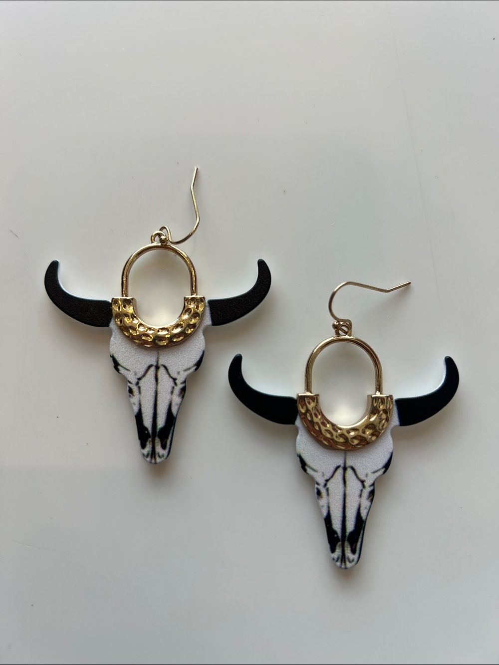 Gold and Black Bull Skull Drop Earrings - Women Jewelry